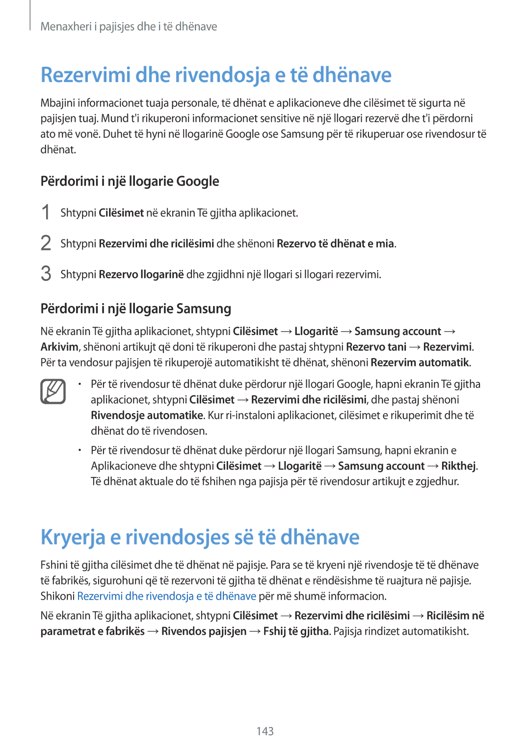 Samsung SM-N910CZKESEE, SM-N910CZDESEE manual Rezervimi dhe rivendosja e të dhënave, Kryerja e rivendosjes së të dhënave 