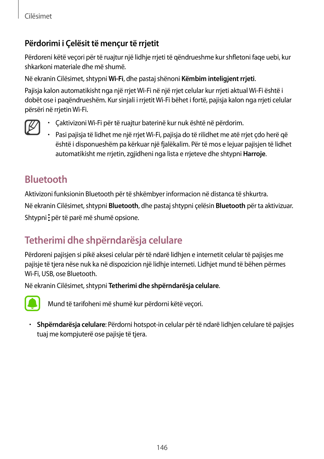 Samsung SM-N910CZWEMSR manual Bluetooth, Tetherimi dhe shpërndarësja celulare, Përdorimi i Çelësit të mençur të rrjetit 