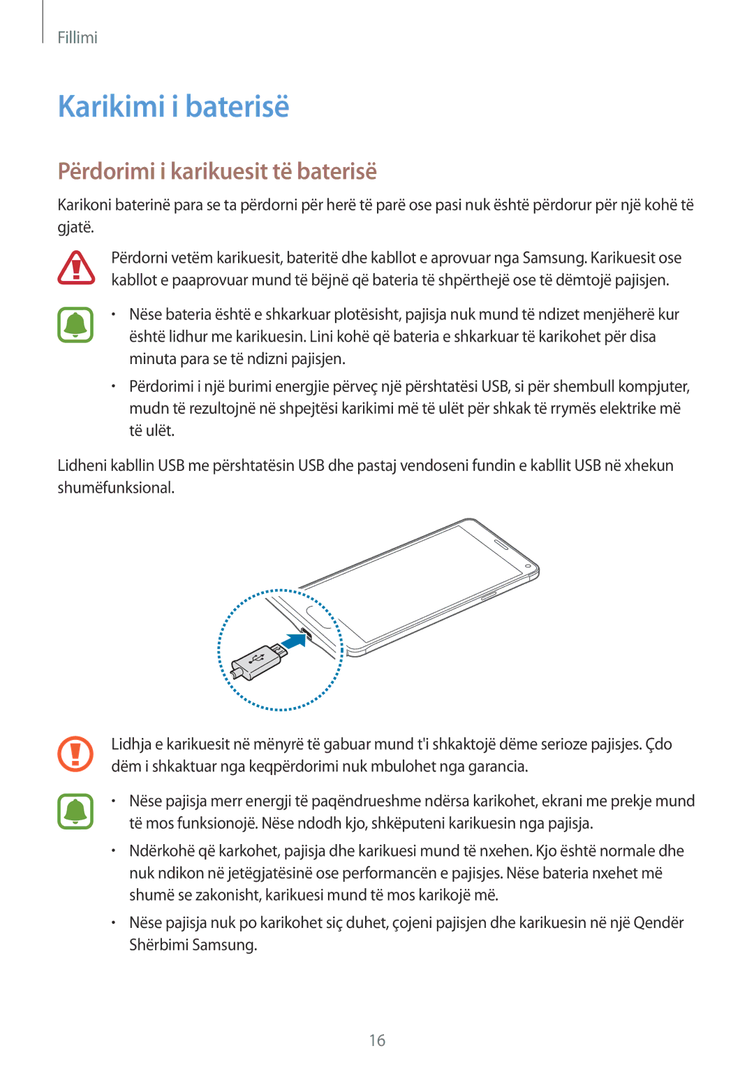 Samsung SM-N910CZKEMSR, SM-N910CZDESEE, SM-N910CZKETEB manual Karikimi i baterisë, Përdorimi i karikuesit të baterisë 