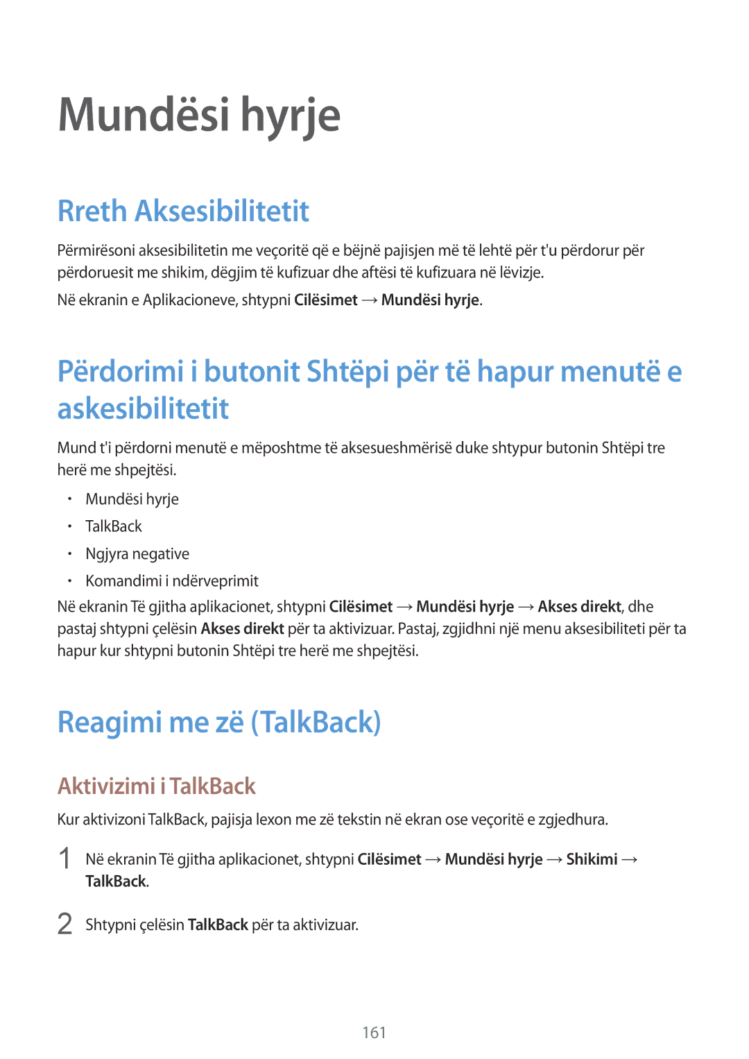 Samsung SM-N910CZKESEE, SM-N910CZDESEE Mundësi hyrje, Rreth Aksesibilitetit, Reagimi me zë TalkBack, Aktivizimi i TalkBack 