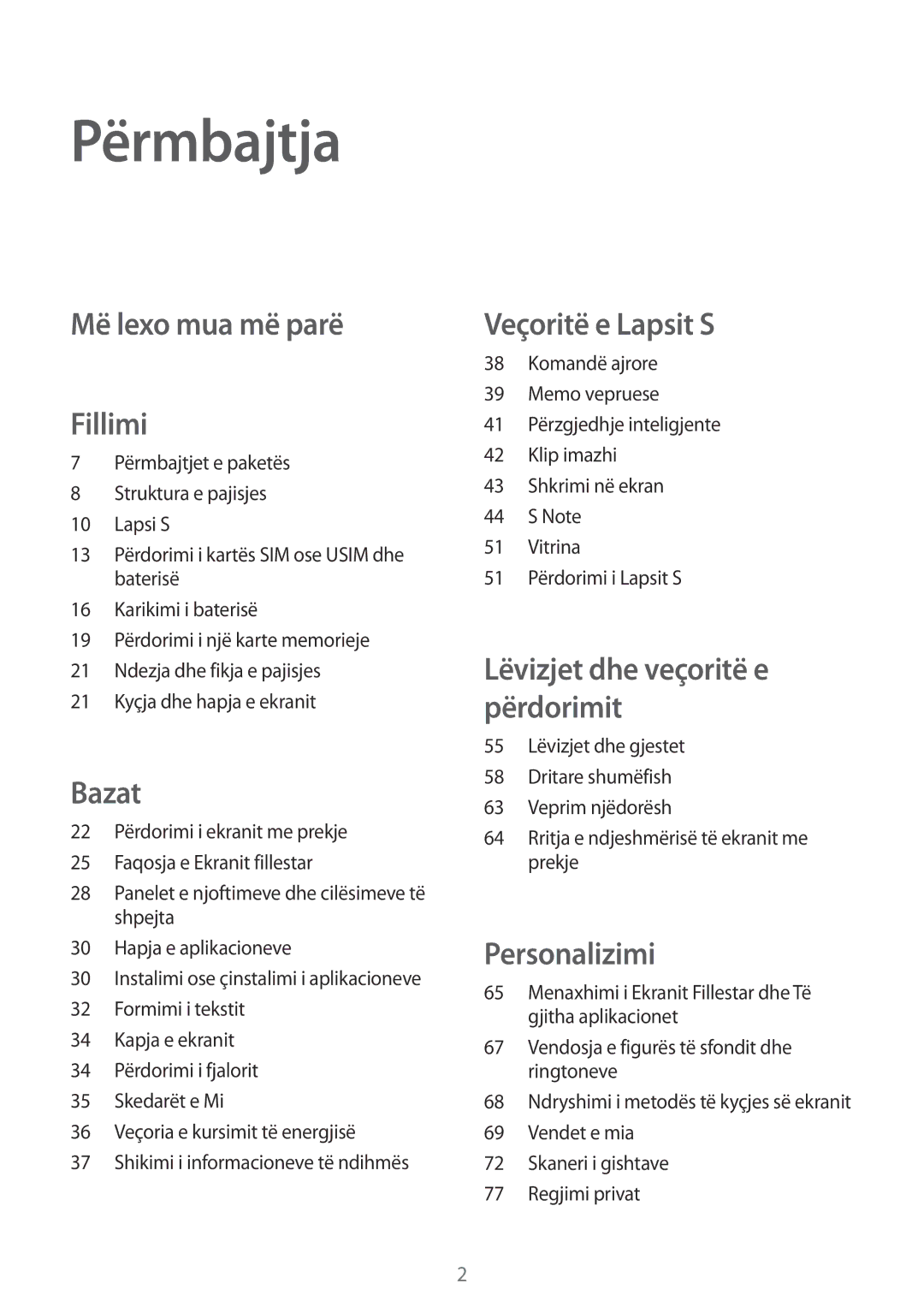 Samsung SM-N910CZWEMSR, SM-N910CZDESEE, SM-N910CZKETEB, SM-N910CZWESEE manual Përmbajtja, Më lexo mua më parë Fillimi 