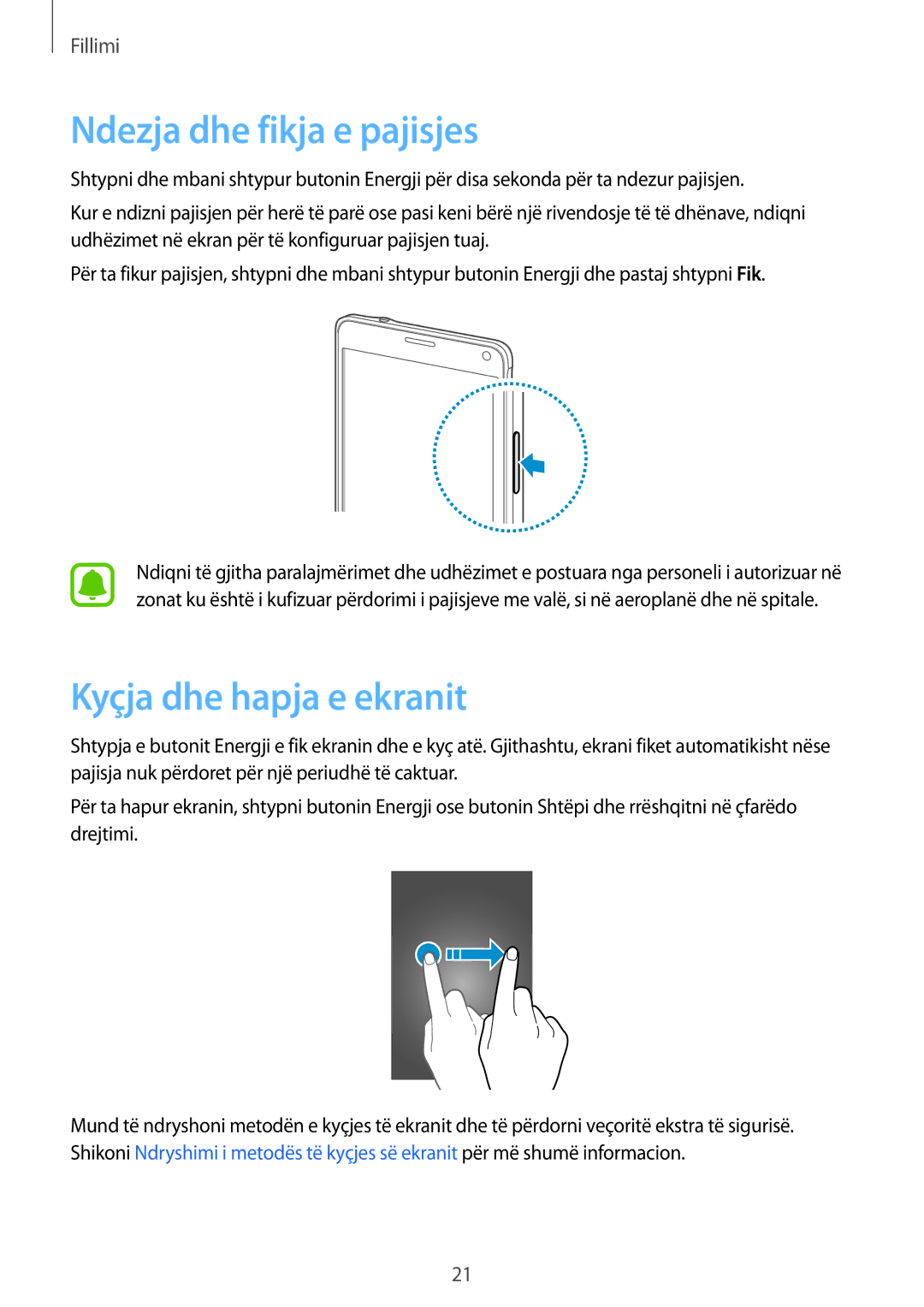 Samsung SM-N910CZWESEE, SM-N910CZDESEE, SM-N910CZKETEB manual Ndezja dhe fikja e pajisjes, Kyçja dhe hapja e ekranit 
