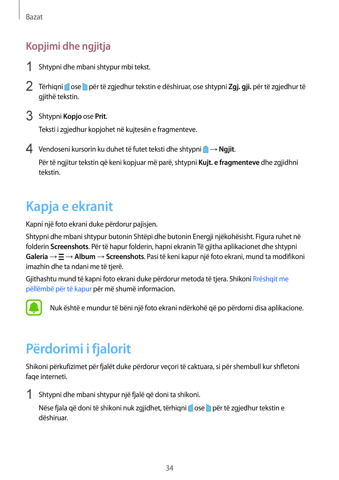 Samsung SM-N910CZKEMSR, SM-N910CZDESEE, SM-N910CZKETEB manual Kapja e ekranit, Përdorimi i fjalorit, Kopjimi dhe ngjitja 