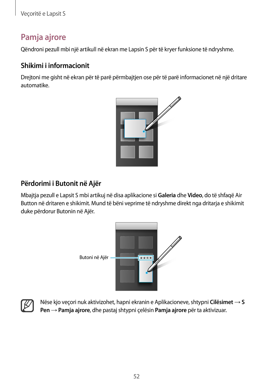 Samsung SM-N910CZKEMSR, SM-N910CZDESEE, SM-N910CZKETEB Pamja ajrore, Shikimi i informacionit, Përdorimi i Butonit në Ajër 