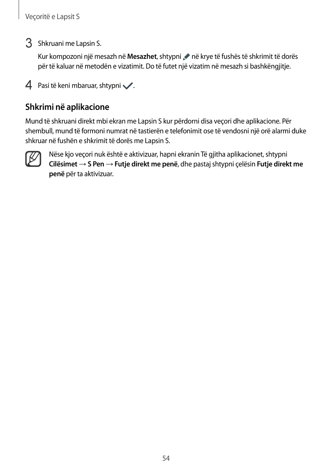 Samsung SM-N910CZDESEE, SM-N910CZKETEB, SM-N910CZWEMSR, SM-N910CZWESEE manual Shkrimi në aplikacione, Shkruani me Lapsin S 