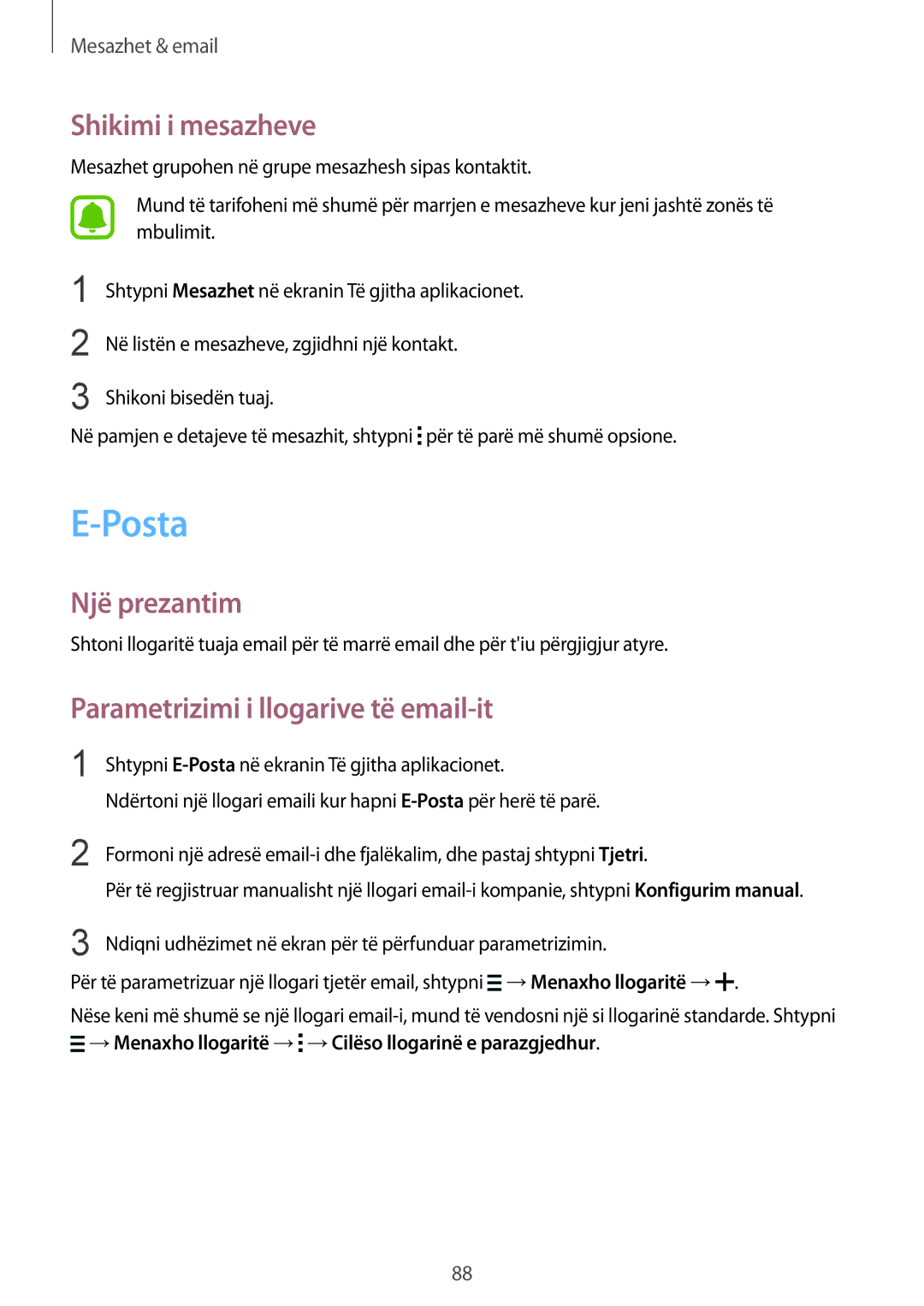 Samsung SM-N910CZKEMSR, SM-N910CZDESEE, SM-N910CZKETEB Posta, Shikimi i mesazheve, Parametrizimi i llogarive të email-it 