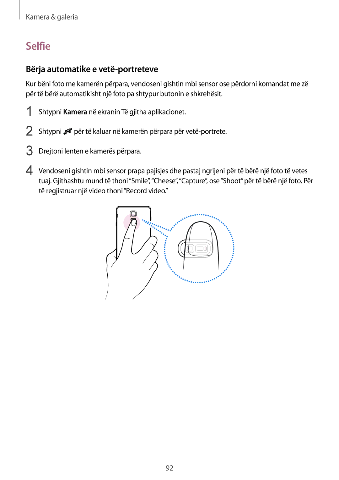 Samsung SM-N910CZWEMSR, SM-N910CZDESEE, SM-N910CZKETEB, SM-N910CZWESEE manual Selfie, Bërja automatike e vetë-portreteve 