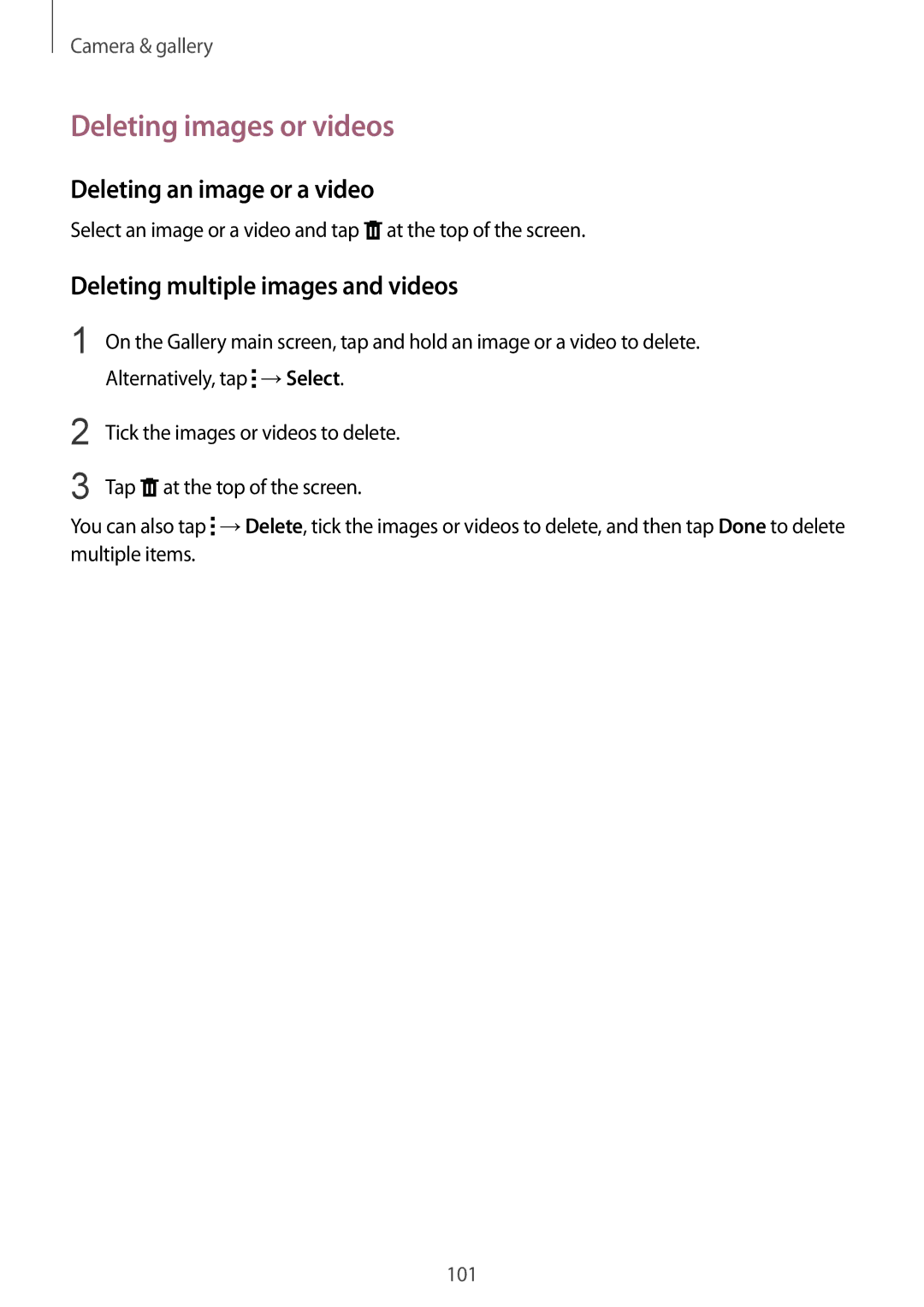 Samsung SM-N910CZWEXEO manual Deleting images or videos, Deleting an image or a video, Deleting multiple images and videos 