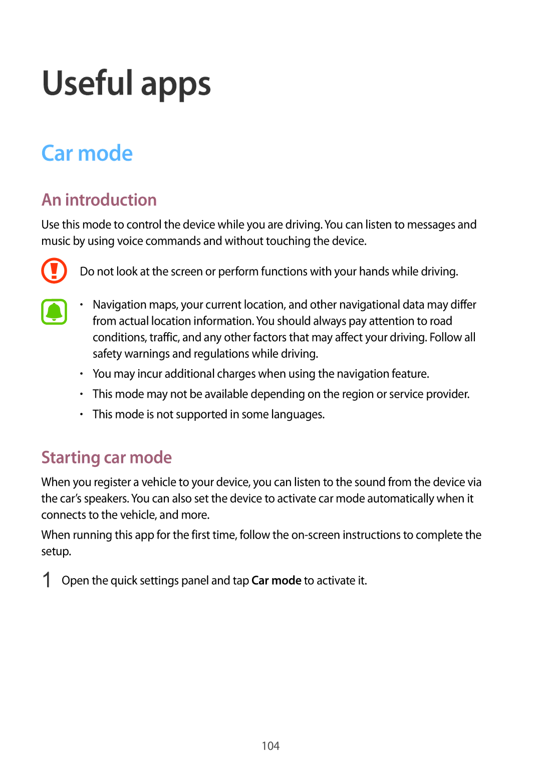 Samsung SM2N910CZDEXEH, SM-N910CZDESEE, SM-N910CZKETEB, SM-N910CZWEMSR manual Useful apps, Car mode, Starting car mode 