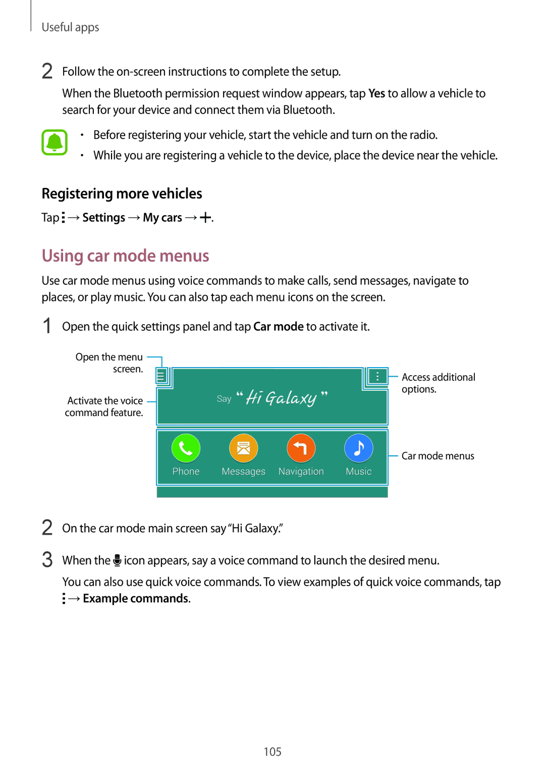 Samsung SM-N910CZWEATO, SM-N910CZDESEE manual Using car mode menus, Registering more vehicles, Tap →Settings →My cars → 