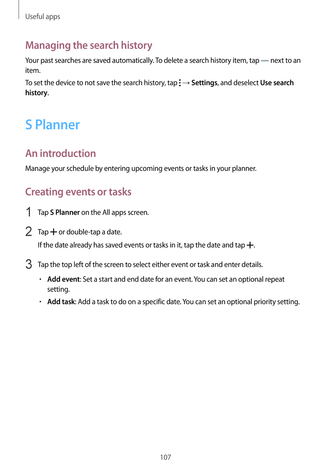 Samsung SM-N910CZDEXEO, SM-N910CZDESEE, SM-N910CZKETEB manual Planner, Managing the search history, Creating events or tasks 