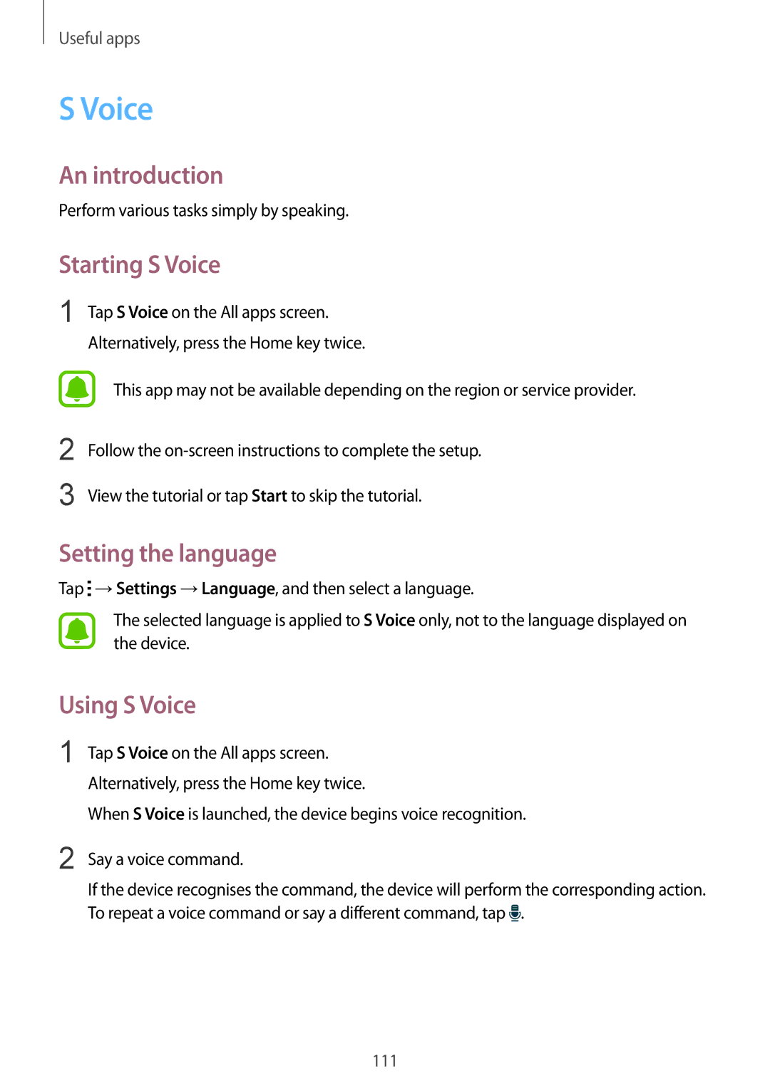 Samsung SM-N910CZKEXEH, SM-N910CZDESEE, SM-N910CZKETEB manual Starting S Voice, Setting the language, Using S Voice 