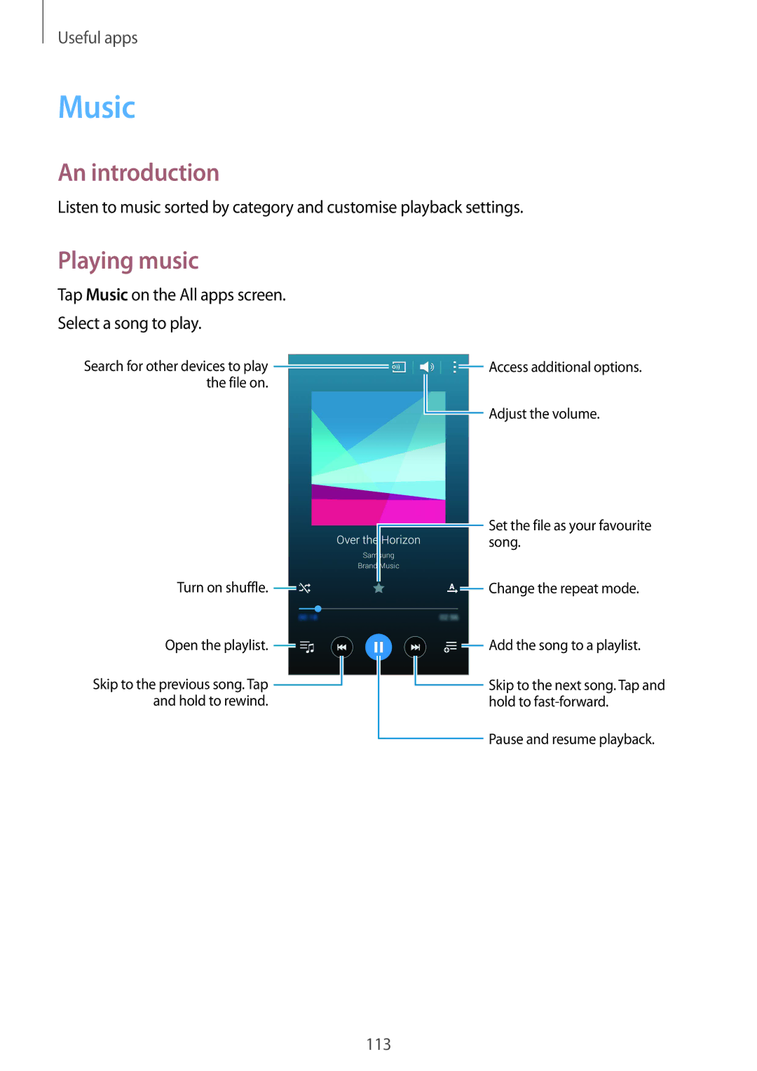 Samsung SM-N910CZKESEB, SM-N910CZDESEE manual Playing music, Tap Music on the All apps screen Select a song to play 