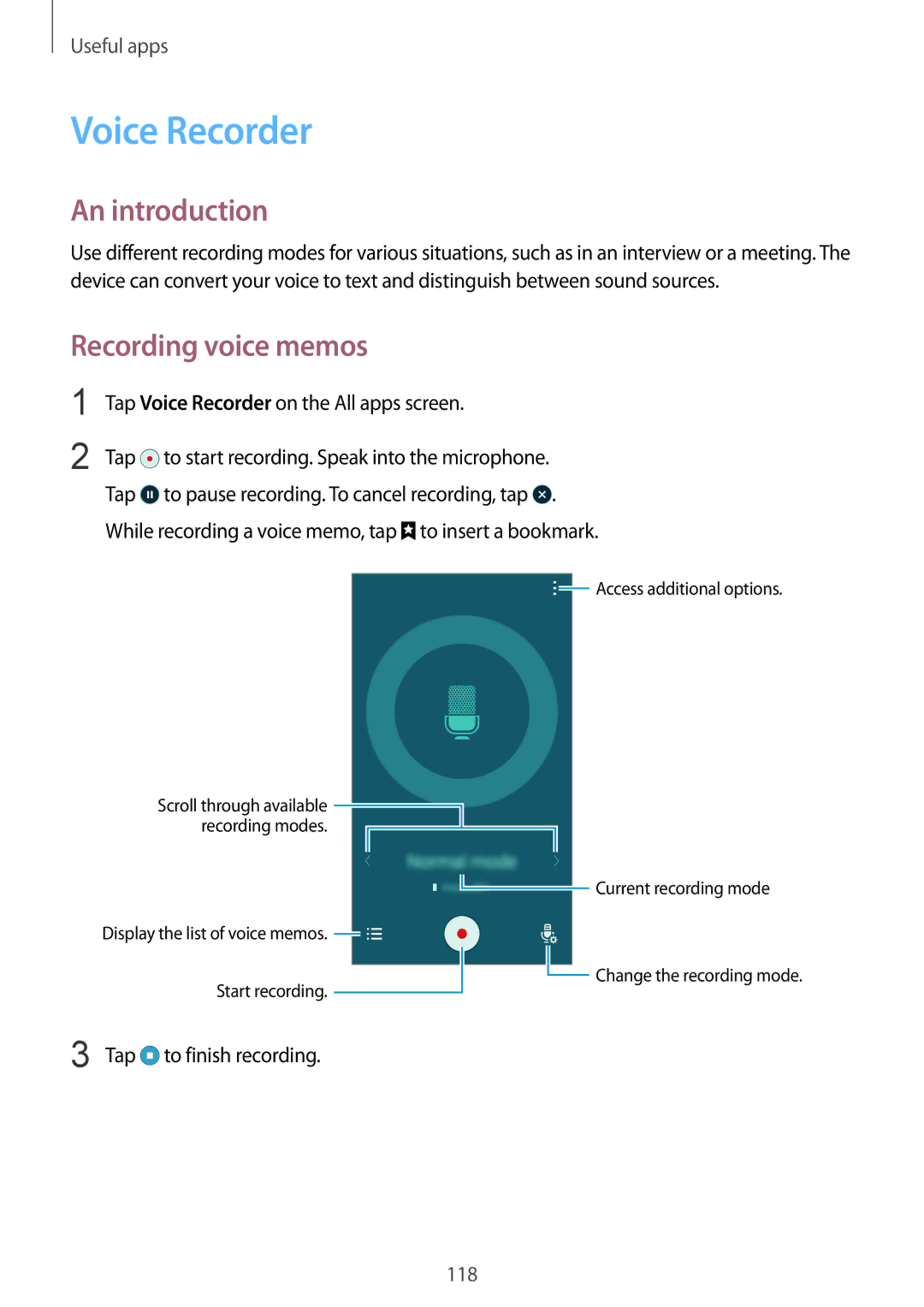 Samsung SM-N910CZIESER manual Recording voice memos, Tap Voice Recorder on the All apps screen, Tap to finish recording 