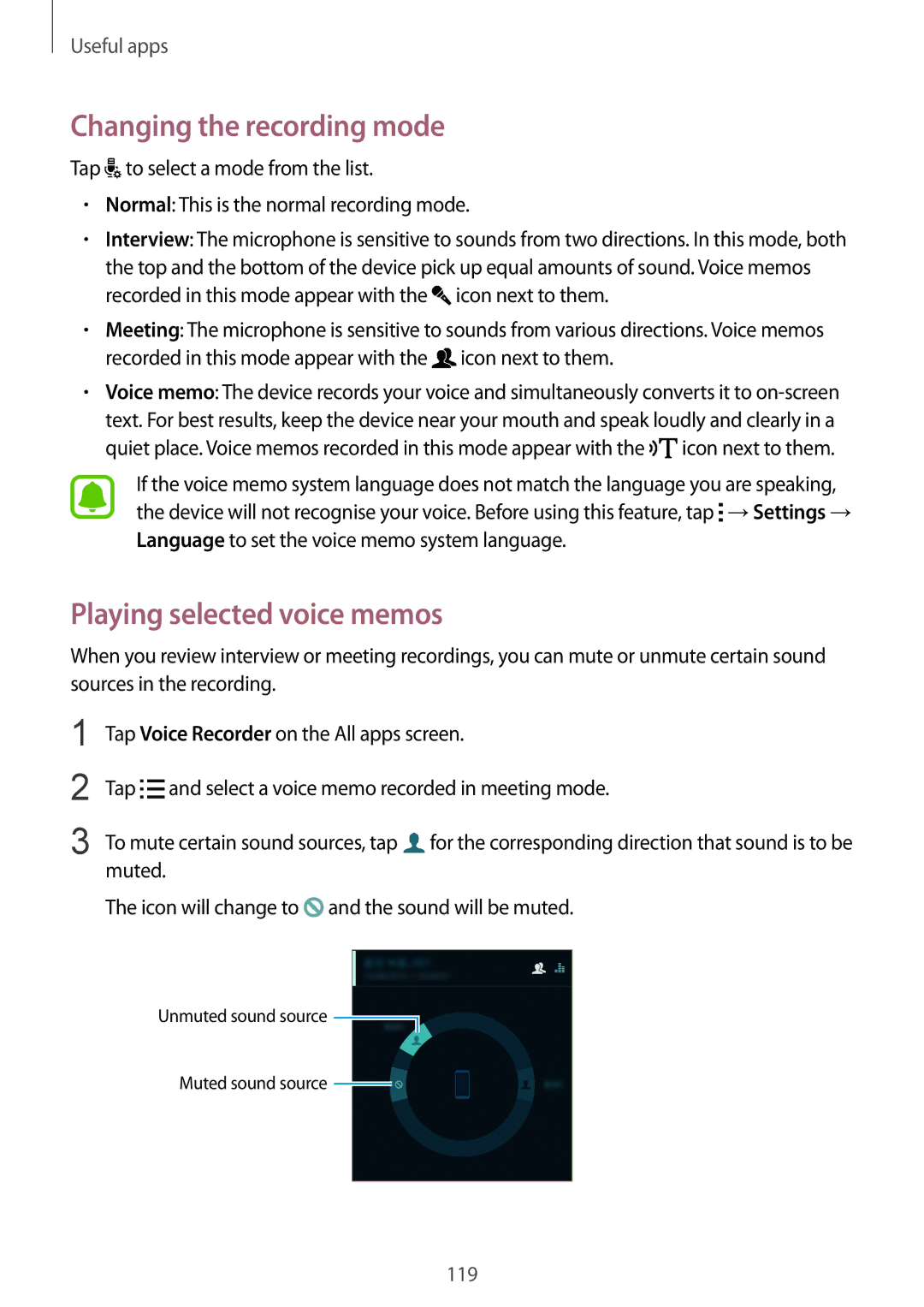 Samsung SM-N910CZDESER, SM-N910CZDESEE, SM-N910CZKETEB manual Changing the recording mode, Playing selected voice memos 