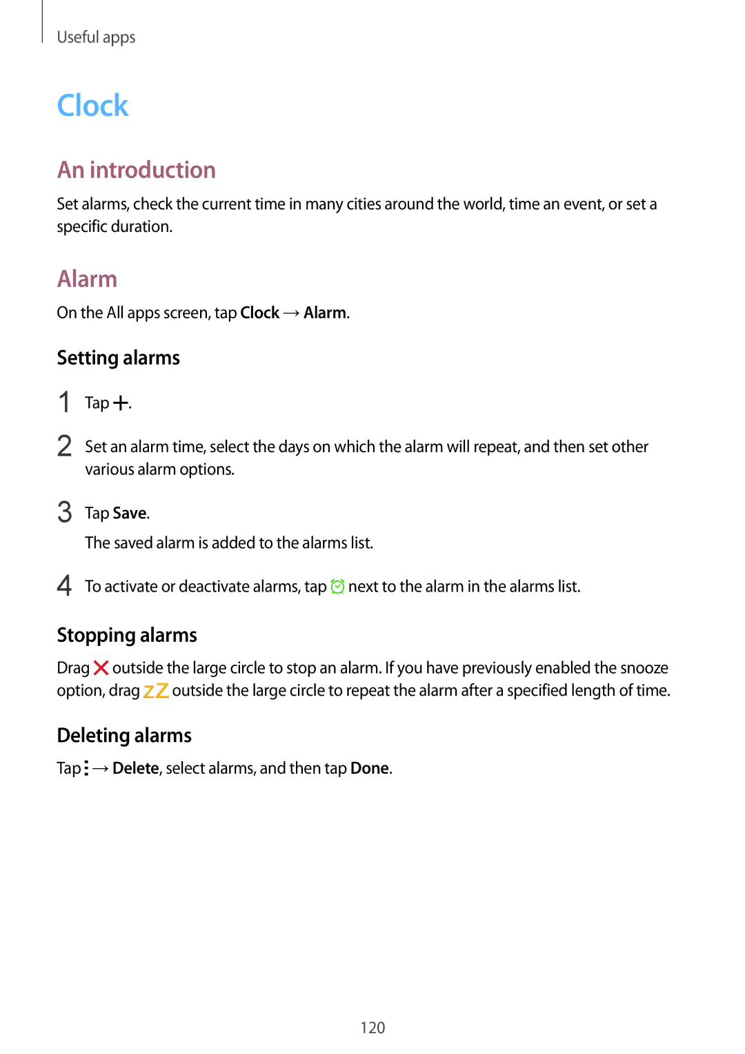 Samsung SM-N910CZDESEE, SM-N910CZKETEB, SM-N910CZWEMSR manual Clock, Alarm, Setting alarms, Stopping alarms, Deleting alarms 
