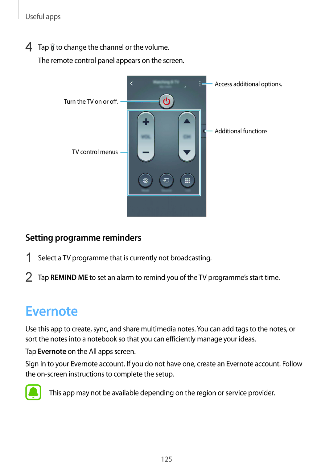 Samsung SM-N910CZKESEE Evernote, Setting programme reminders, Select a TV programme that is currently not broadcasting 