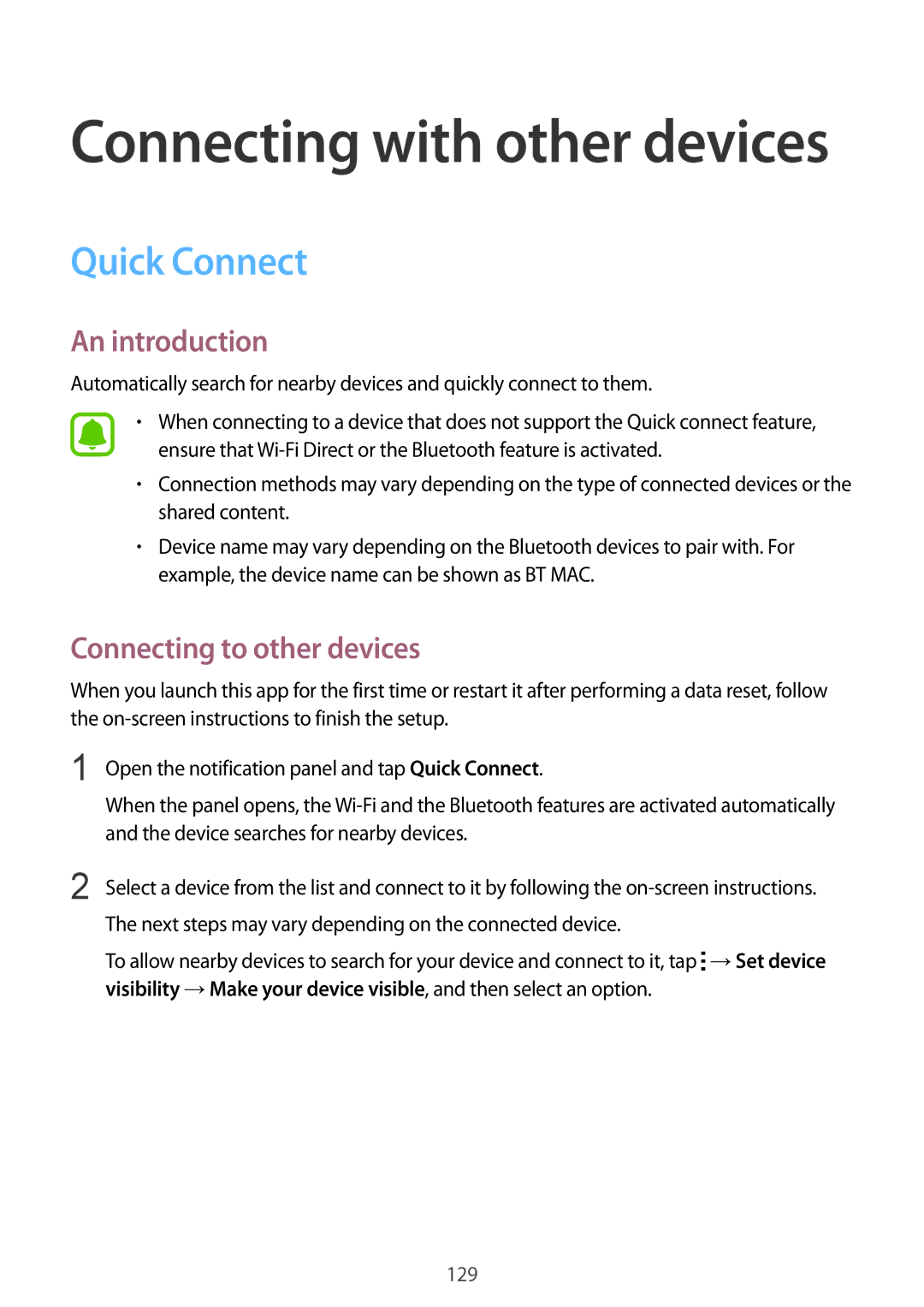 Samsung SM-N910CZKEVIP, SM-N910CZDESEE, SM-N910CZKETEB, SM-N910CZWEMSR manual Quick Connect, Connecting to other devices 