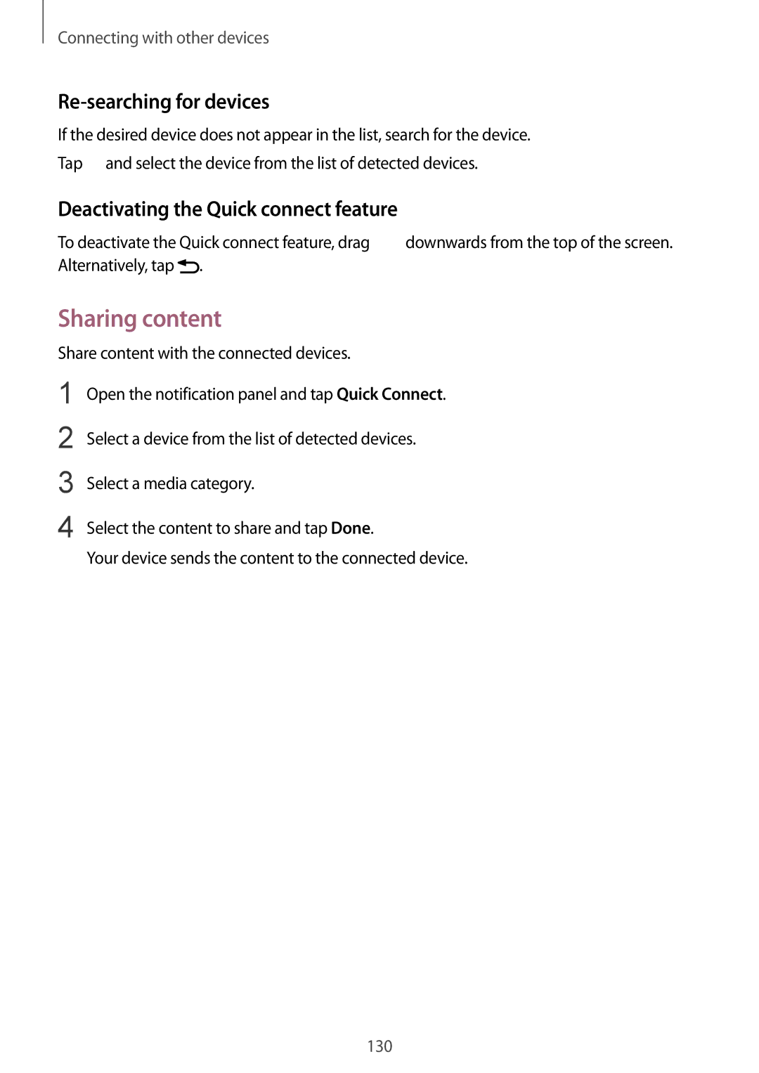 Samsung SM-N910CZWETWO, SM-N910CZDESEE Sharing content, Re-searching for devices, Deactivating the Quick connect feature 