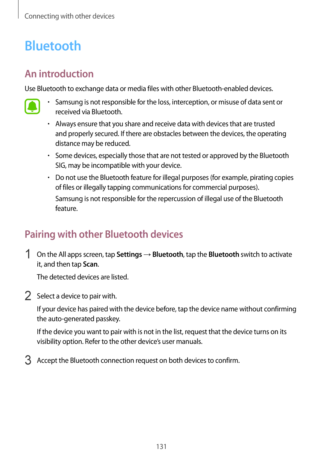 Samsung SM-N910CZWEXEO, SM-N910CZDESEE, SM-N910CZKETEB, SM-N910CZWEMSR manual Pairing with other Bluetooth devices 