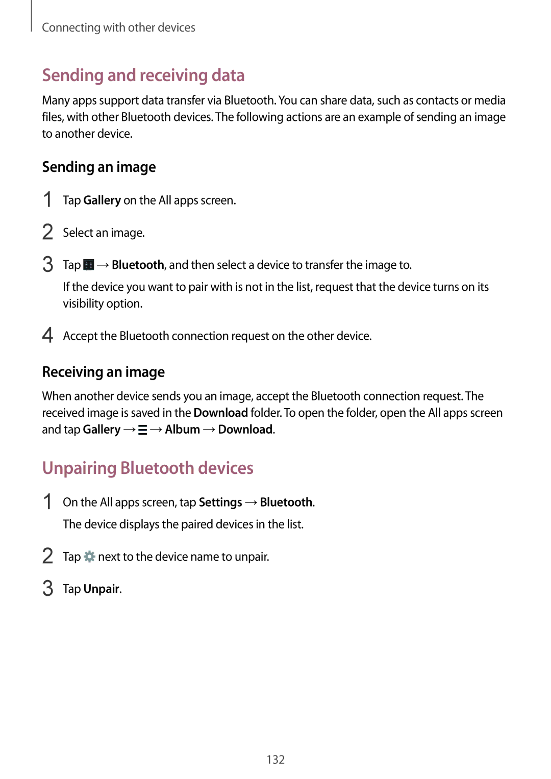 Samsung SM-N910CZKEXEO manual Sending and receiving data, Unpairing Bluetooth devices, Sending an image, Receiving an image 