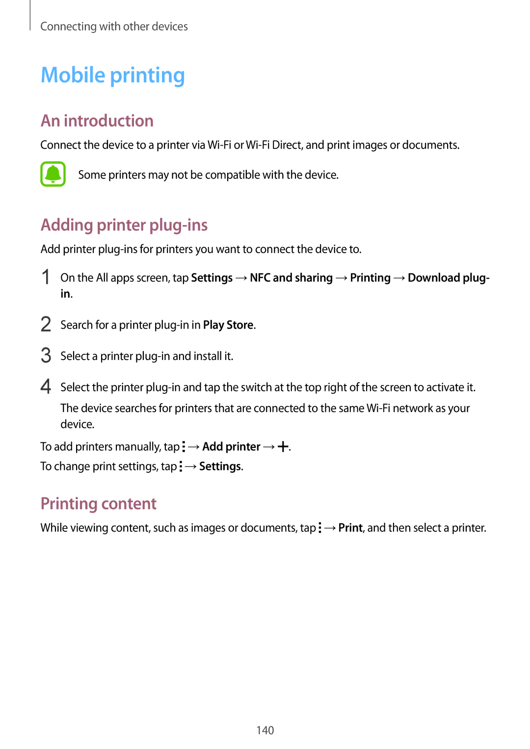 Samsung SM-N910CZWEPRT manual Mobile printing, Adding printer plug-ins, Printing content, →Add printer →, →Settings 