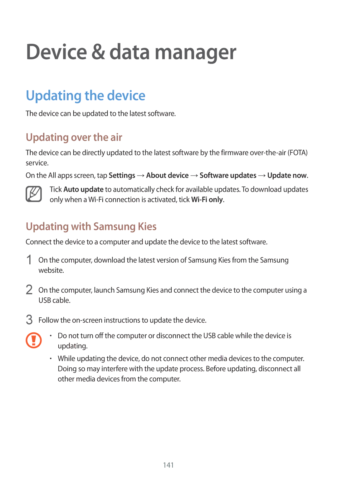 Samsung SM-N910CZKEXEH manual Device & data manager, Updating the device, Updating over the air, Updating with Samsung Kies 