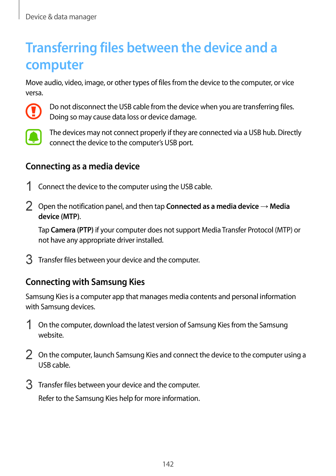 Samsung SM-N910CZDEXEH Transferring files between the device and a computer, Connecting as a media device, Device MTP 