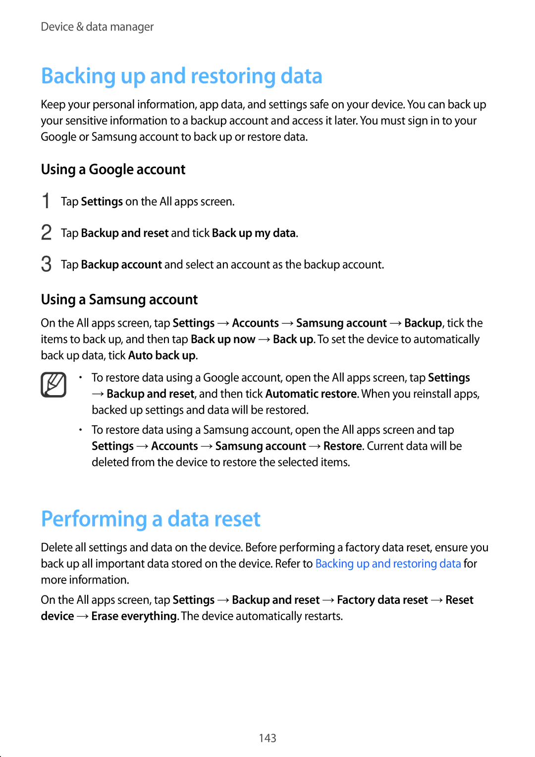 Samsung SM-N910CZKESEB, SM-N910CZDESEE manual Backing up and restoring data, Performing a data reset, Using a Google account 