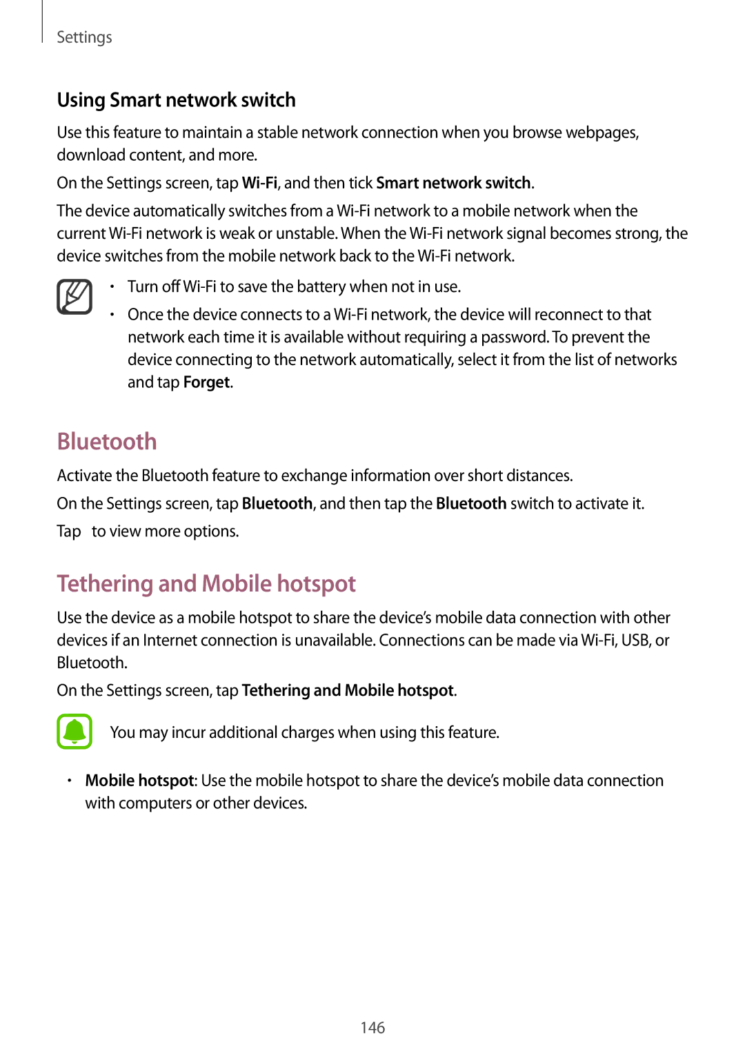 Samsung SM-N910CZKESER, SM-N910CZDESEE, SM-N910CZKETEB Bluetooth, Tethering and Mobile hotspot, Using Smart network switch 