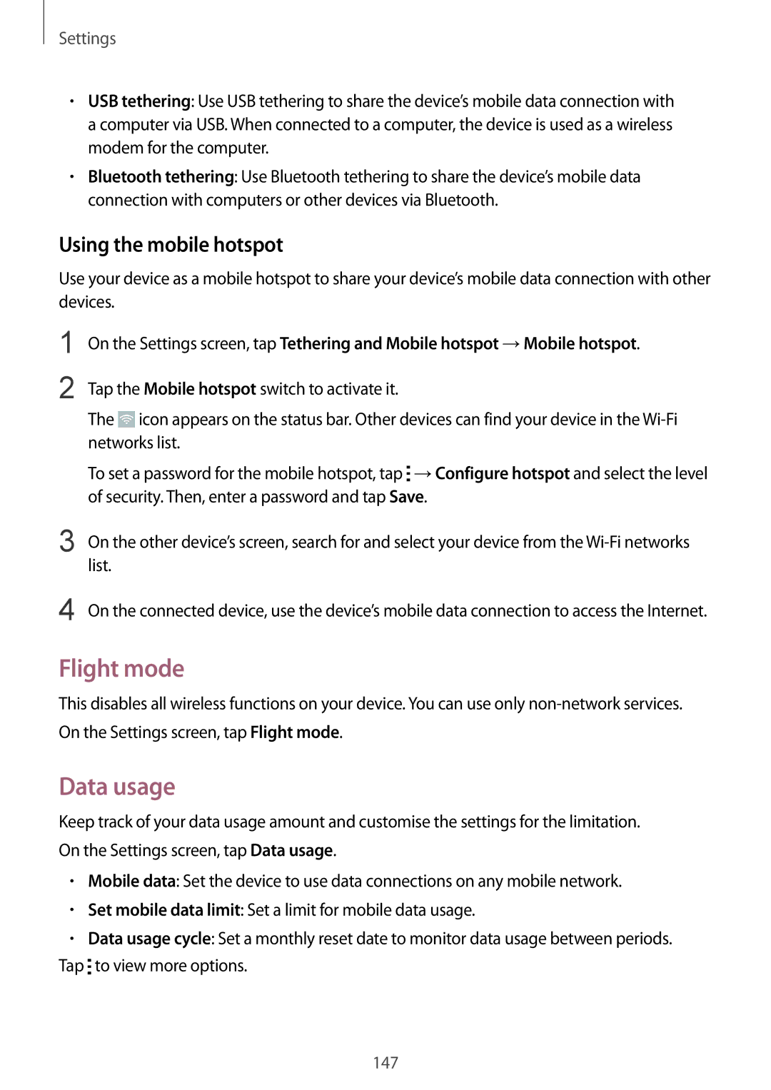 Samsung SM-N910CZWESER, SM-N910CZDESEE, SM-N910CZKETEB, SM-N910CZWEMSR Flight mode, Data usage, Using the mobile hotspot 