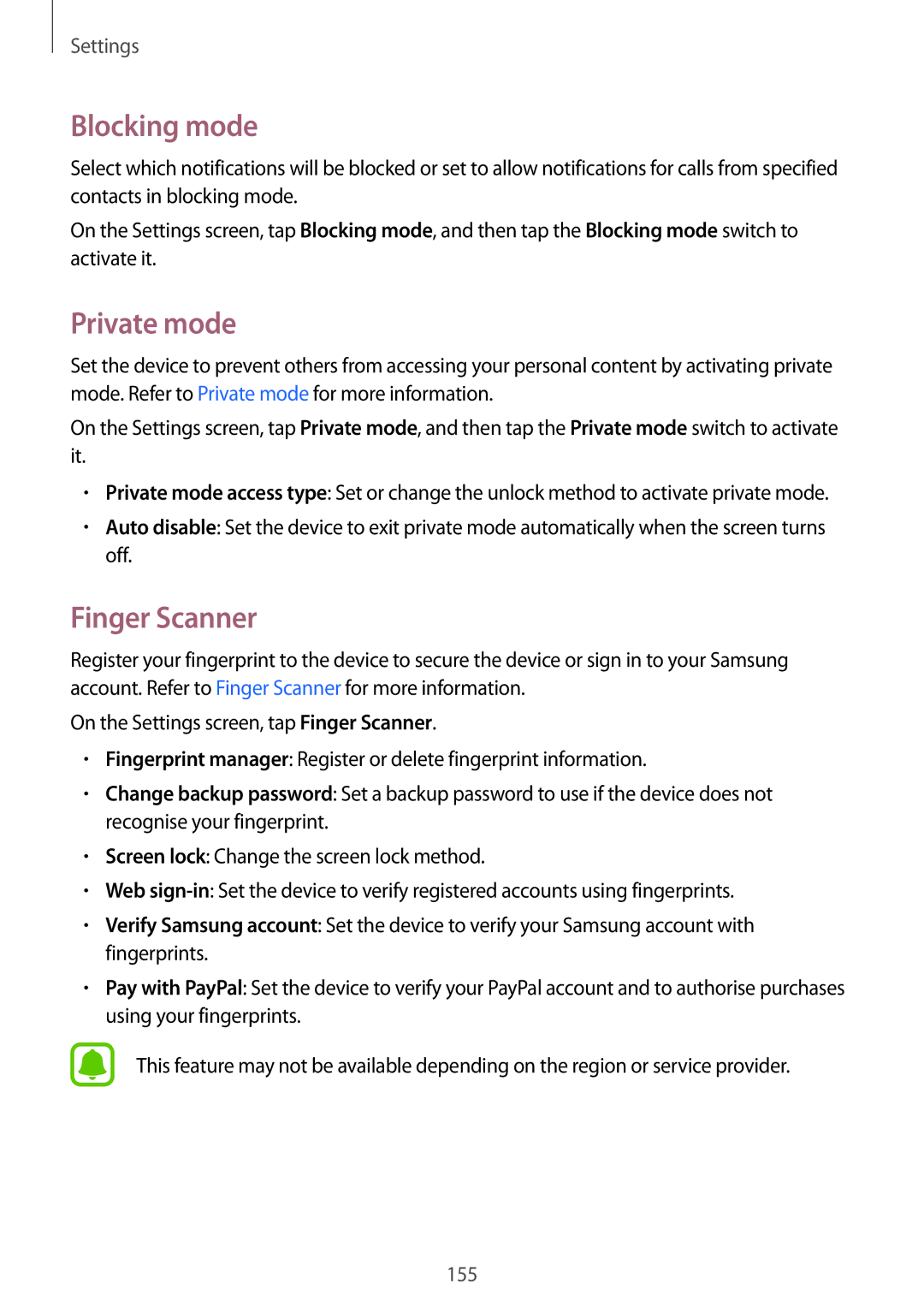 Samsung SM-N910CZKESEE, SM-N910CZDESEE, SM-N910CZKETEB, SM-N910CZWEMSR manual Blocking mode, Private mode, Finger Scanner 