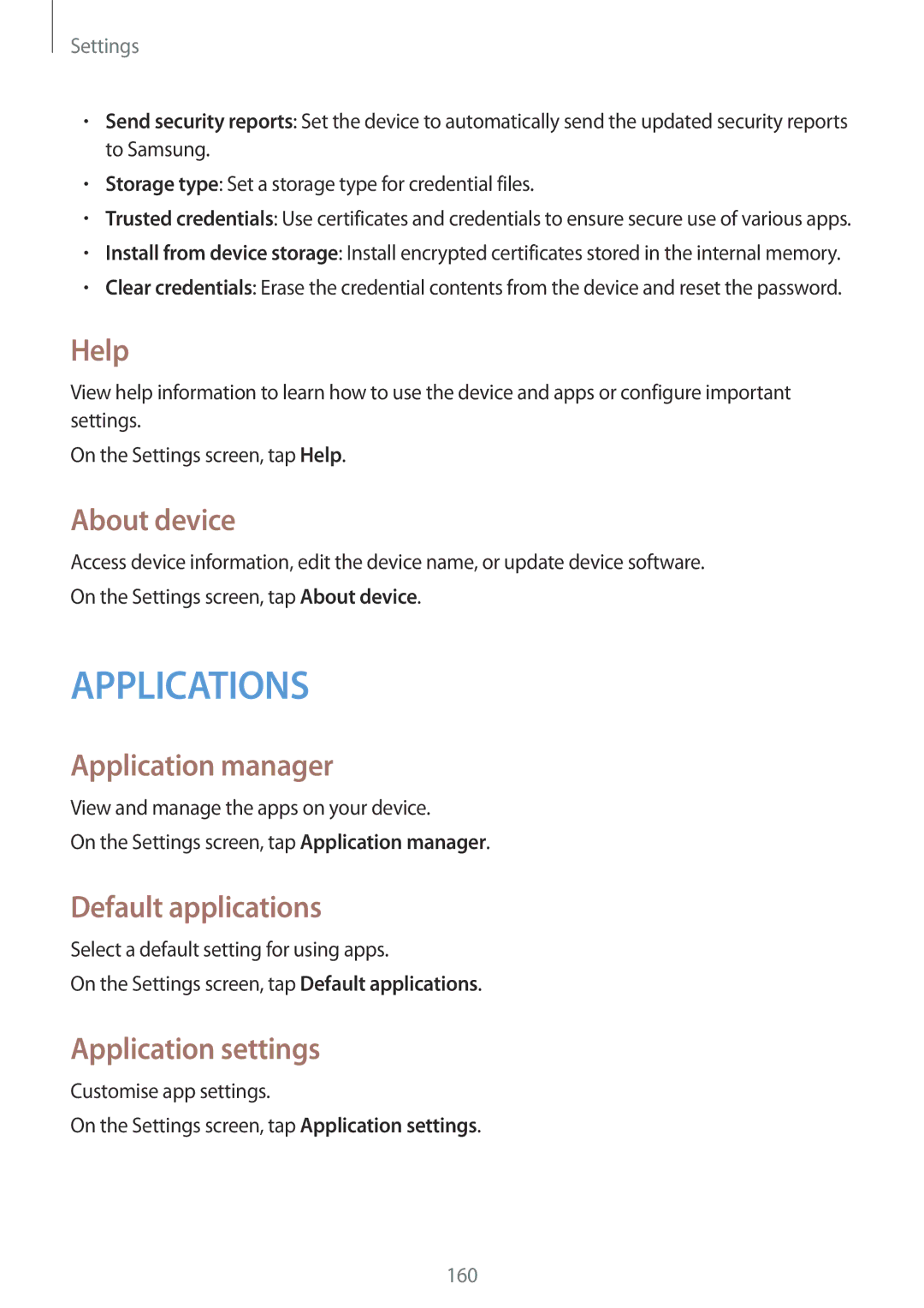 Samsung SM-N910CZWETWO, SM-N910CZDESEE Help, About device, Application manager, Default applications, Application settings 