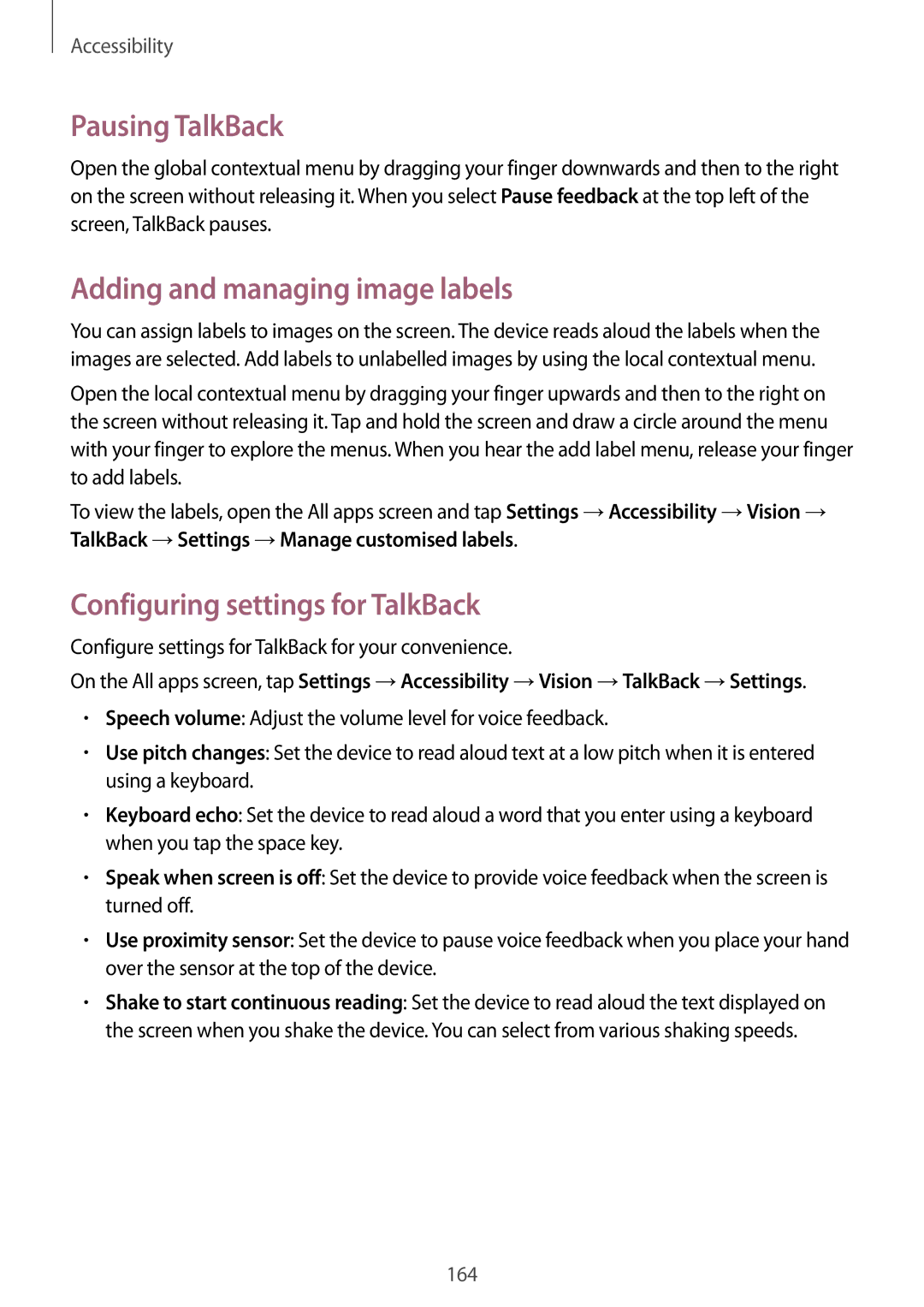 Samsung SM2N910CZDEXEH manual Pausing TalkBack, Adding and managing image labels, Configuring settings for TalkBack 