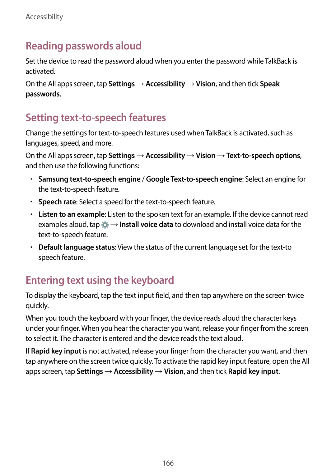 Samsung SM-N910CZKEPRT manual Reading passwords aloud, Setting text-to-speech features, Entering text using the keyboard 