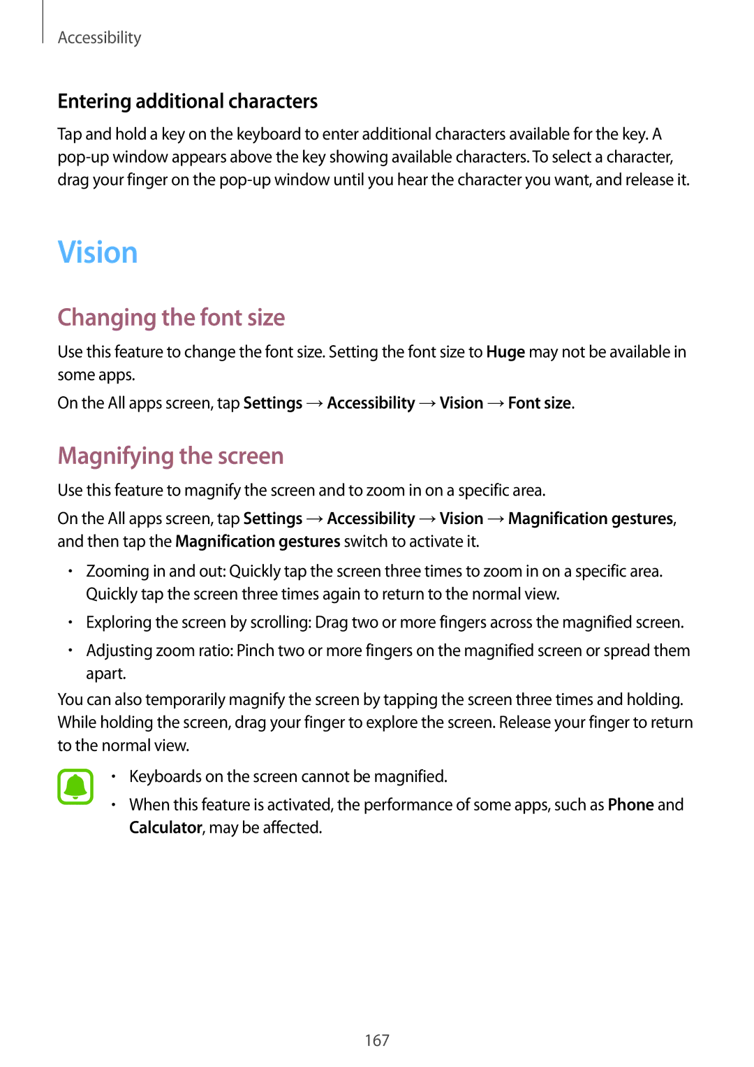 Samsung SM-N910CZDEXEO manual Vision, Changing the font size, Magnifying the screen, Entering additional characters 