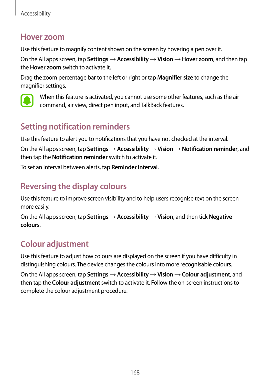 Samsung SM2N910CZWEXEH manual Hover zoom, Setting notification reminders, Reversing the display colours, Colour adjustment 