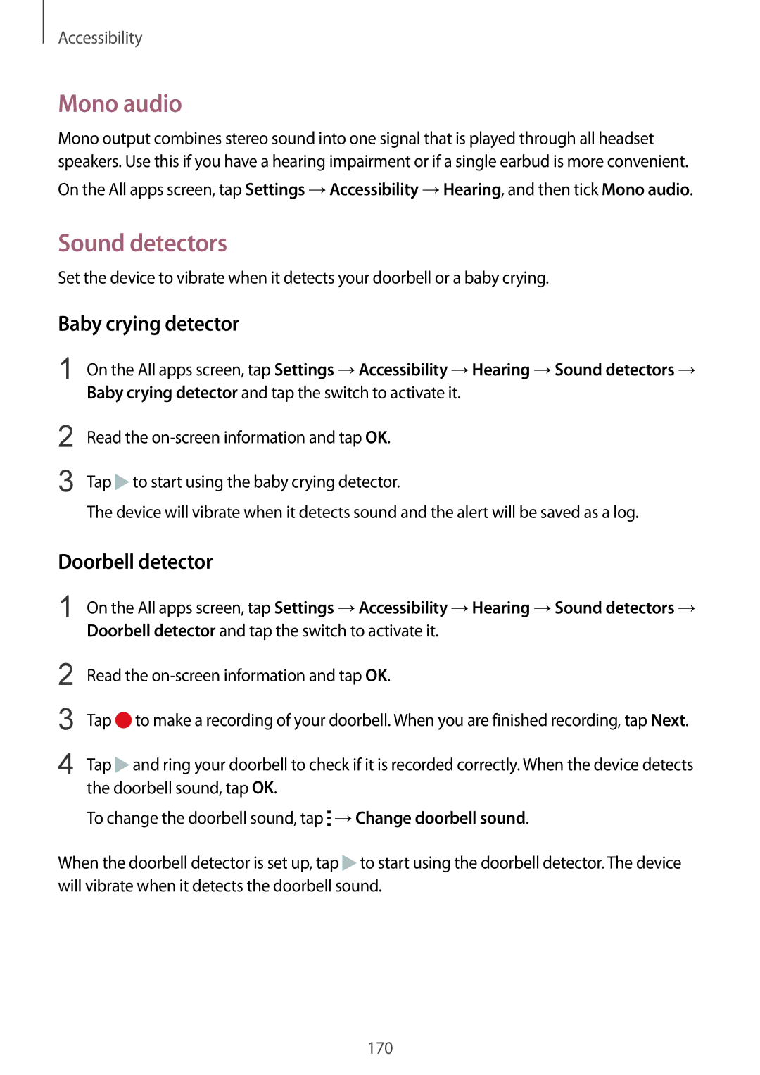 Samsung SM-N910CZWEPRT, SM-N910CZDESEE, SM-N910CZKETEB Mono audio, Sound detectors, Baby crying detector, Doorbell detector 