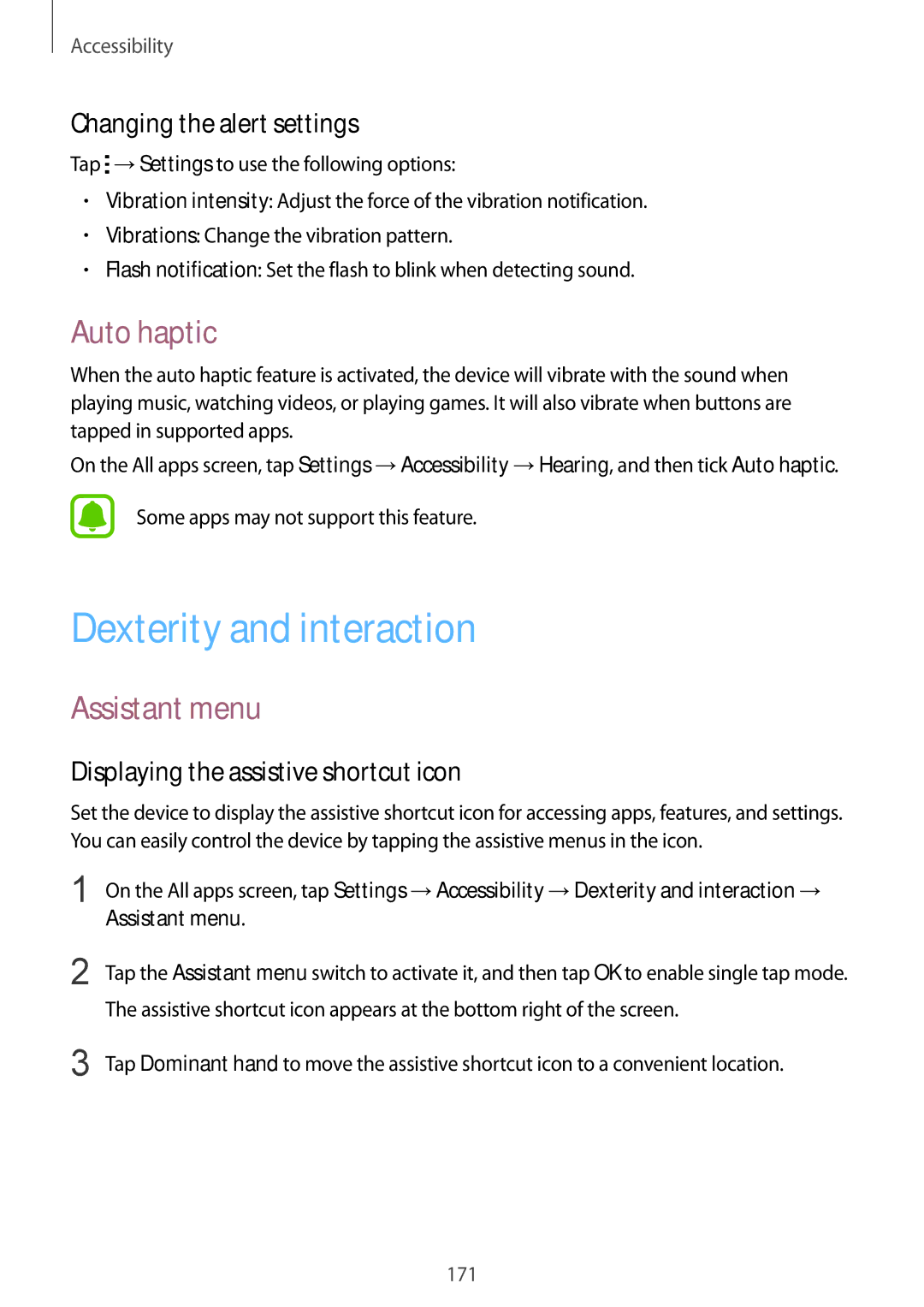 Samsung SM-N910CZKEXEH, SM-N910CZDESEE Dexterity and interaction, Auto haptic, Assistant menu, Changing the alert settings 