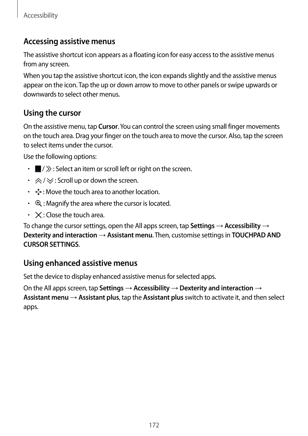 Samsung SM-N910CZDEXEH, SM-N910CZDESEE manual Accessing assistive menus, Using the cursor, Using enhanced assistive menus 