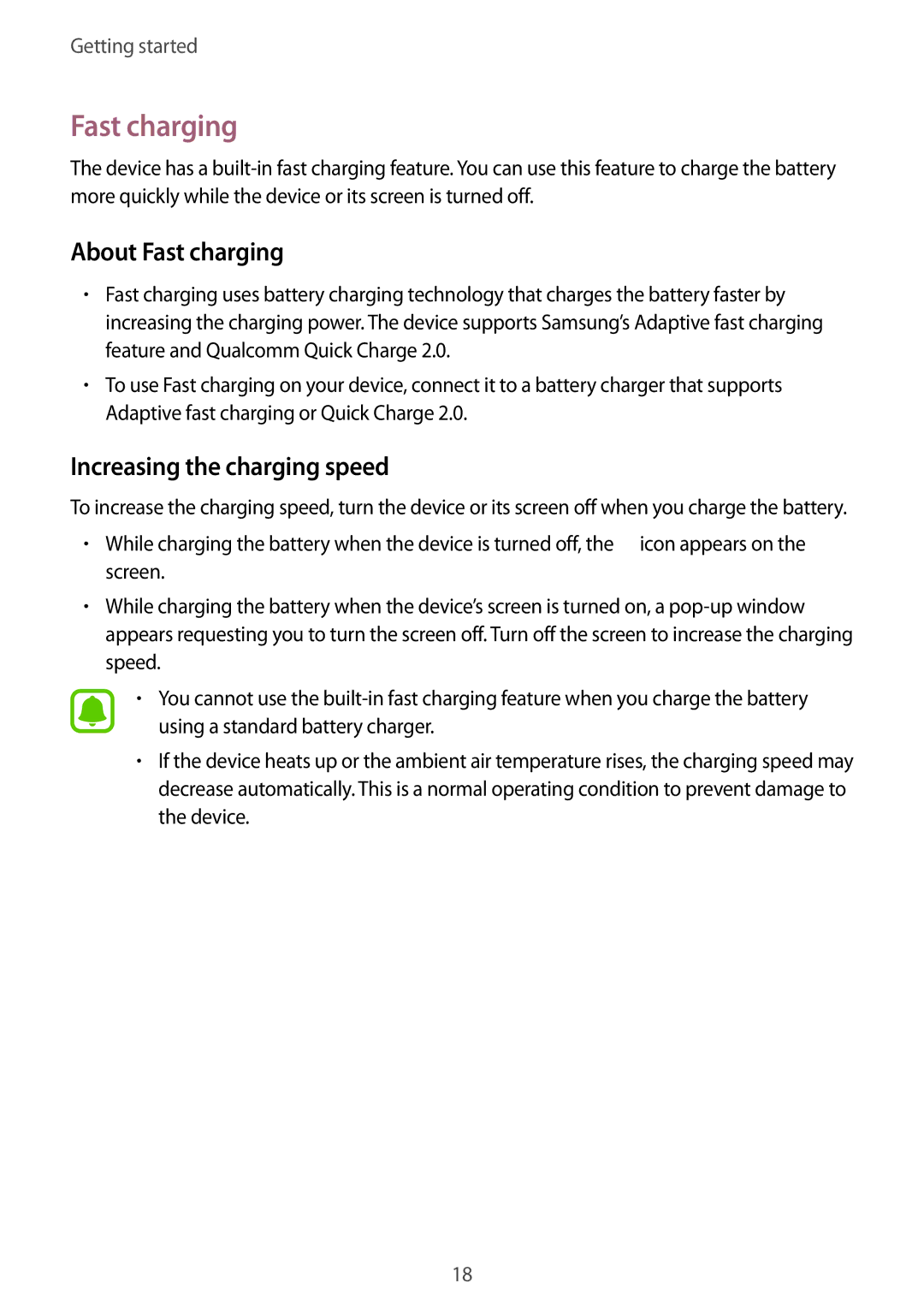 Samsung SM2N910CZWEXEH, SM-N910CZDESEE, SM-N910CZKETEB manual About Fast charging, Increasing the charging speed 