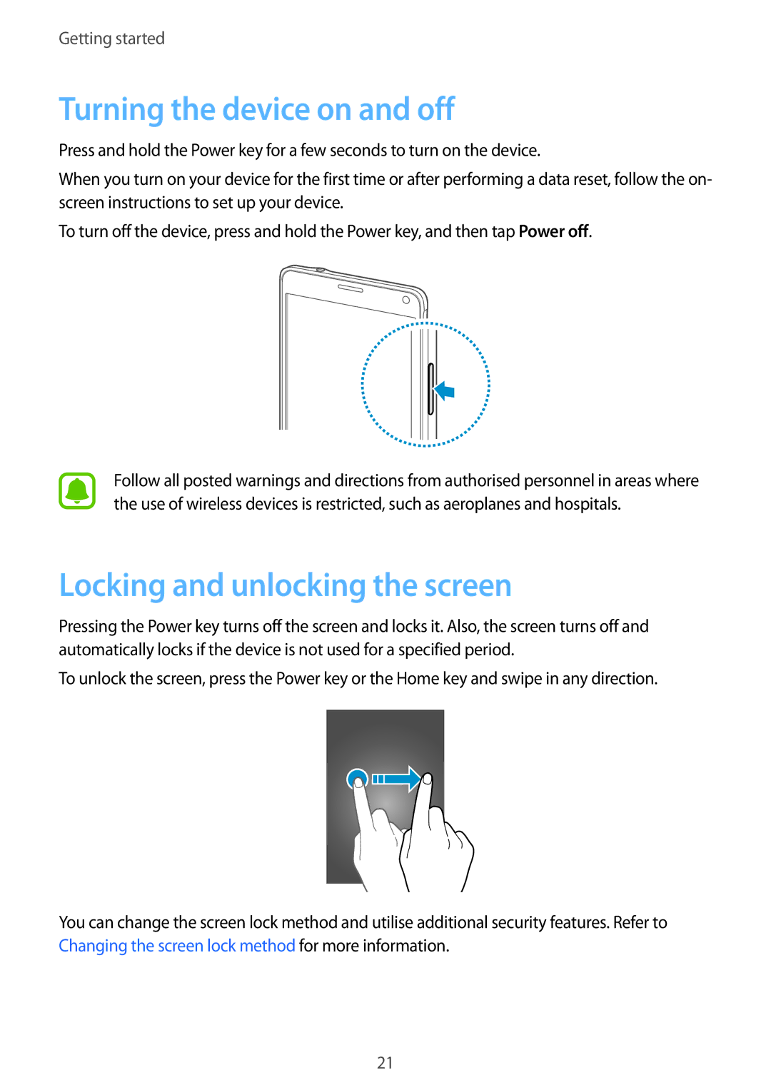 Samsung SM-N910CZKEXEH, SM-N910CZDESEE, SM-N910CZKETEB manual Turning the device on and off, Locking and unlocking the screen 