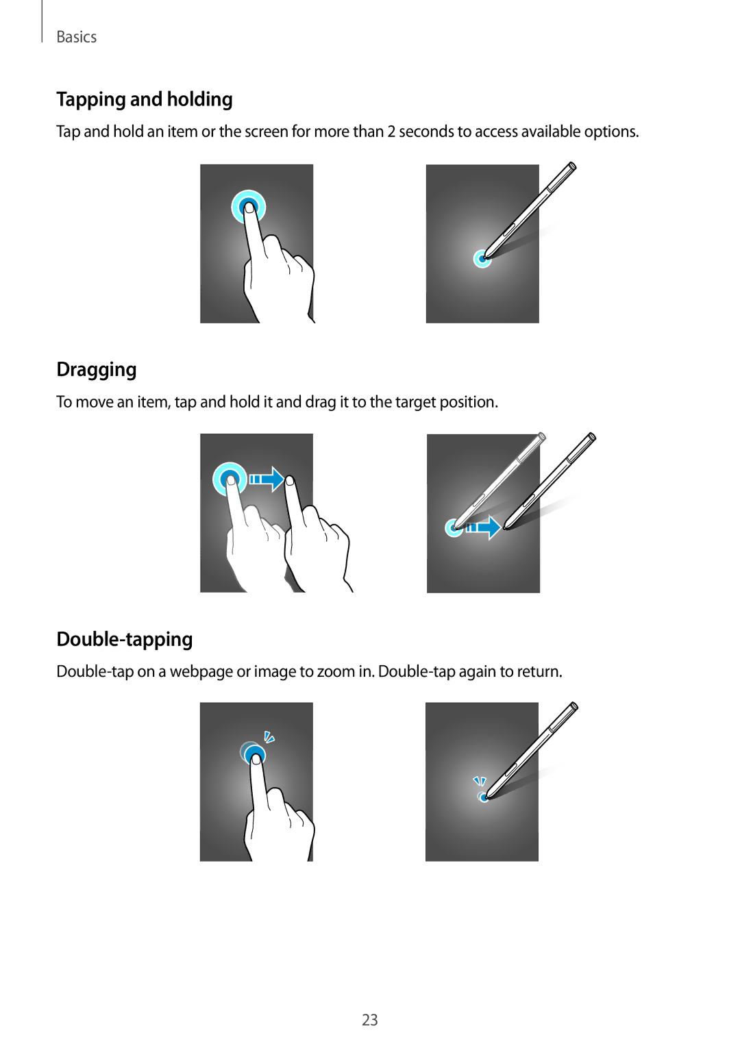 Samsung SM-N910CZKESEB, SM-N910CZDESEE, SM-N910CZKETEB, SM-N910CZWEMSR manual Tapping and holding, Dragging, Double-tapping 