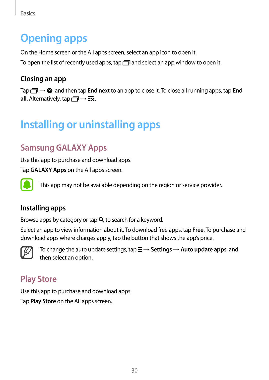 Samsung SM-N910CZDESEE, SM-N910CZKETEB manual Opening apps, Installing or uninstalling apps, Samsung Galaxy Apps, Play Store 