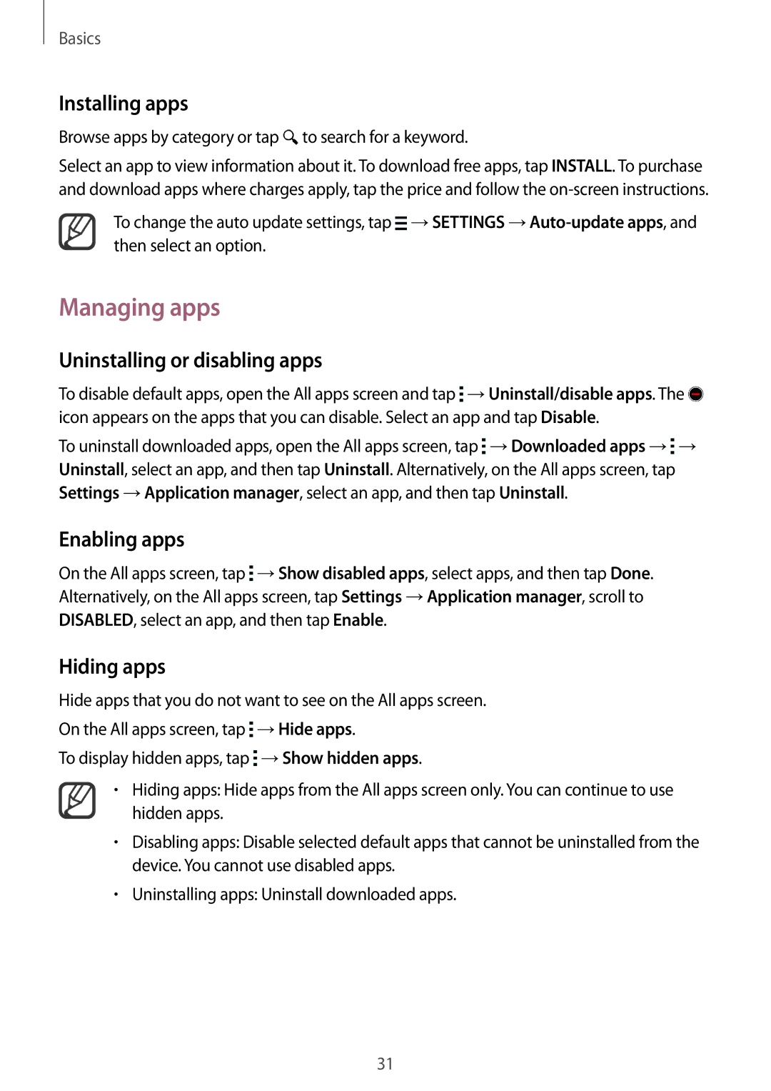 Samsung SM-N910CZKETEB, SM-N910CZDESEE manual Managing apps, Uninstalling or disabling apps, Enabling apps, Hiding apps 