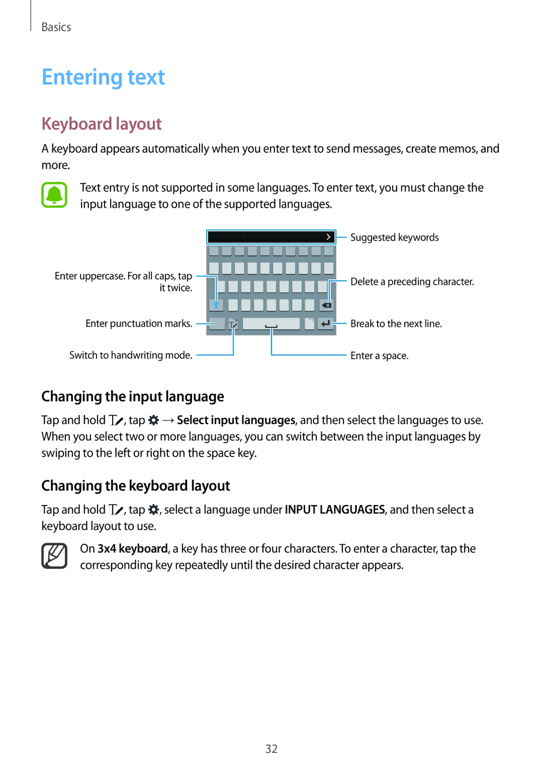 Samsung SM-N910CZWEMSR manual Entering text, Keyboard layout, Changing the input language, Changing the keyboard layout 