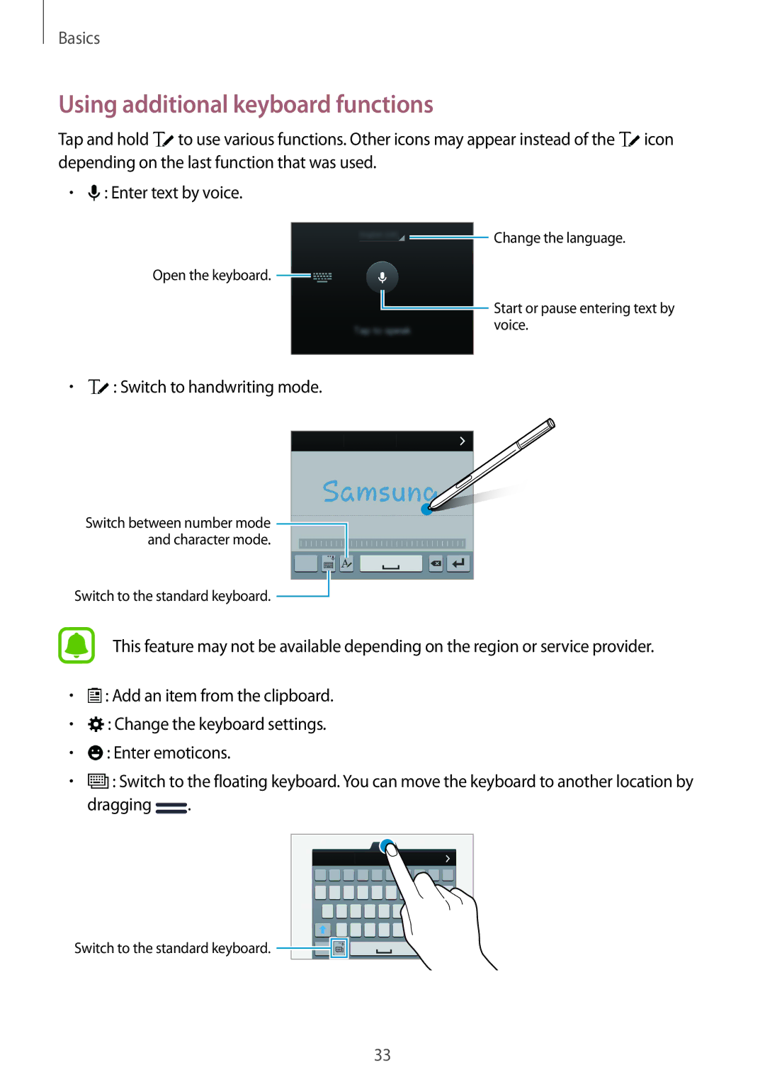 Samsung SM-N910CZWESEE, SM-N910CZDESEE manual Using additional keyboard functions, Switch to handwriting mode, Dragging 