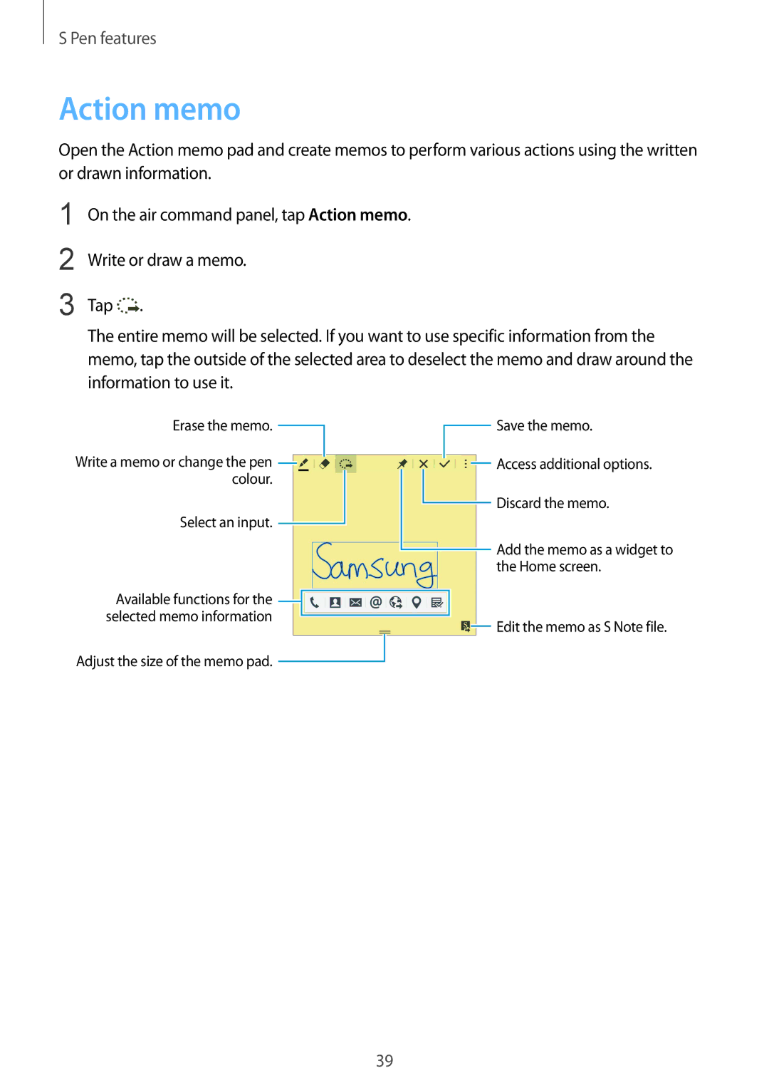 Samsung SM-N910CZKEVIP, SM-N910CZDESEE, SM-N910CZKETEB, SM-N910CZWEMSR, SM-N910CZWESEE, SM-N910CZKEMSR manual Action memo 