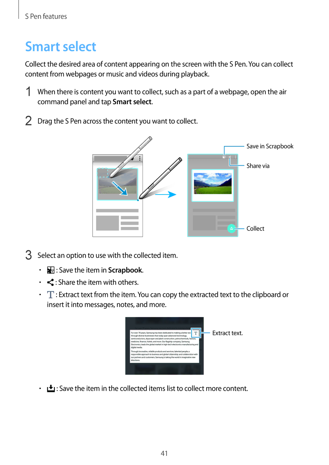 Samsung SM-N910CZWEXEO manual Command panel and tap Smart select, Drag the S Pen across the content you want to collect 