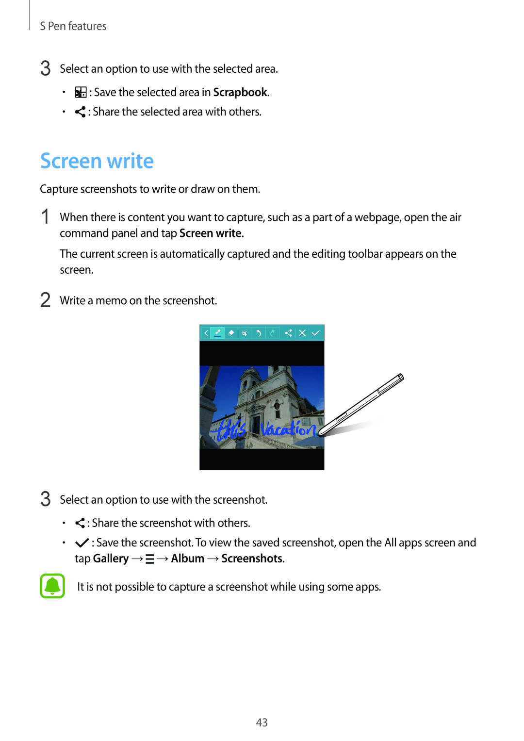 Samsung SM2N910CZKEXEH manual Capture screenshots to write or draw on them, Command panel and tap Screen write 